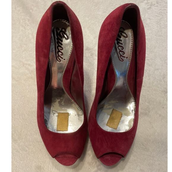 GUCCI Women's Suede Peep Toe Platform Pumps Size 37 Burgundy Stiletto Heel - Picture 2 of 9